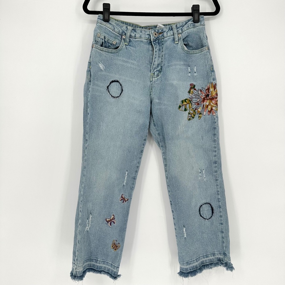Y2K L.A. Blues Floral Butterfly Embroidered Light Capri Jeans VTG Boho Summer 8